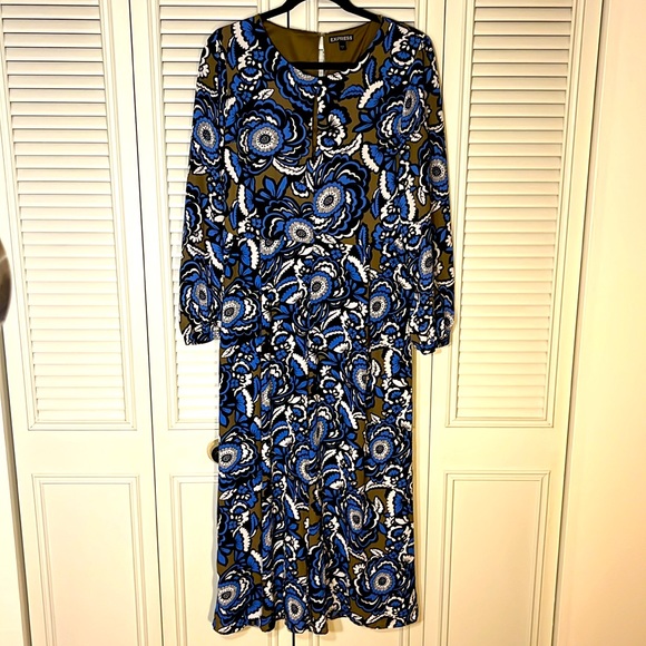 Express Womens Blue Pop Floral Culottes Jumpsuit Mid Calf Long Sleeve - Picture 3 of 16